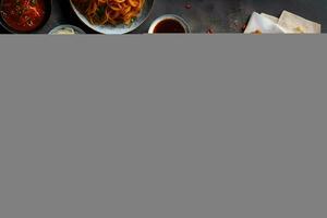 a table with food and a plate of noodles. AI-Generated photo