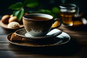 a cup of tea on a wooden table. AI-Generated photo