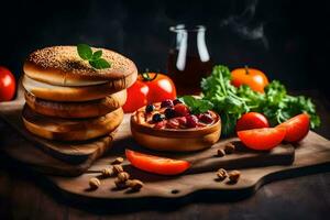 a bagel with tomatoes, cheese and other ingredients. AI-Generated photo