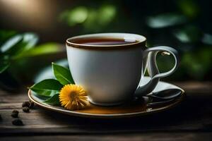 un taza de té con un diente de león flor en un de madera mesa. generado por ai foto