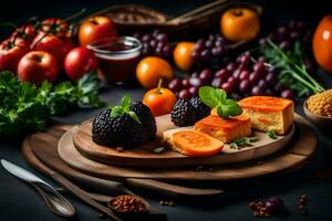 food on a wooden board with fruits and vegetables. AI-Generated photo