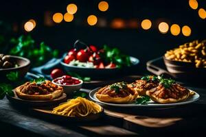 comida en un mesa con velas y luces. generado por ai foto