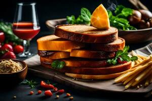 a stack of bread and french fries on a cutting board. AI-Generated photo