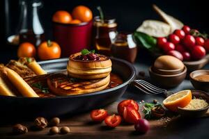 pancakes with cheese and tomatoes on a black table. AI-Generated photo