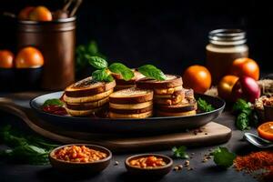 pancakes with orange slices and spices on a black plate. AI-Generated photo