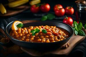 garbanzos en un negro cuenco con Tomates, especias y hierbas. generado por ai foto