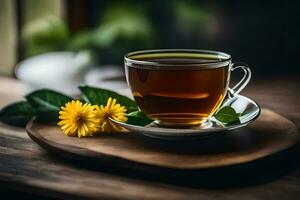 un taza de té con diente de león flores en un de madera mesa. generado por ai foto