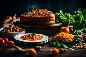 el comida es arreglado en un mesa con un un pan y vegetales. generado por ai foto