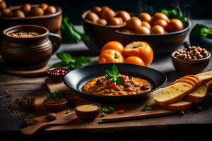 a bowl of soup with bread, nuts and vegetables on a wooden table. AI-Generated photo