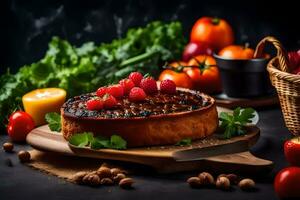 a cake with berries and nuts on a wooden board. AI-Generated photo