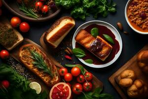 various foods including bread, vegetables and meat on a table. AI-Generated photo