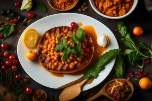 un plato de comida con vegetales y frijoles. generado por ai foto