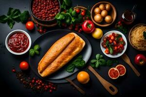 an assortment of food including bread, tomatoes, eggs and other ingredients. AI-Generated photo