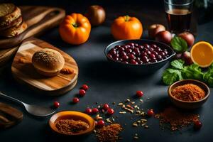 a table with various ingredients including bread, tomatoes, spices and other ingredients. AI-Generated photo