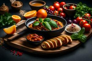 spaghetti with tomato sauce, bread, and vegetables on a wooden board. AI-Generated photo