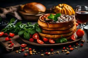 a stack of bread with meat and vegetables on a wooden board. AI-Generated photo