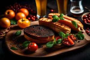 grilled sandwiches and beer on a wooden board. AI-Generated photo