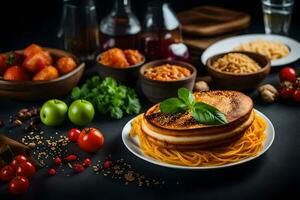 un plato de pasta, Tomates, y otro ingredientes. generado por ai foto