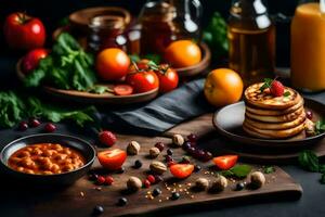 pancakes, tomatoes, and other foods are arranged on a table. AI-Generated photo