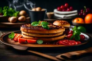 panqueques en un de madera tablero con vegetales. generado por ai foto