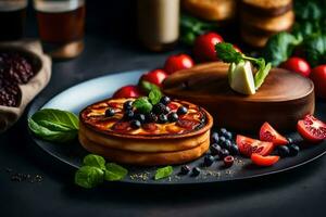 pancakes with berries and cheese on a black plate. AI-Generated photo