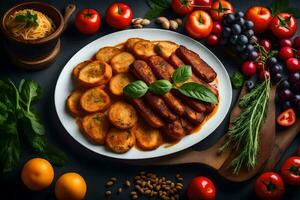 a plate of food with potatoes, tomatoes and other vegetables. AI-Generated photo
