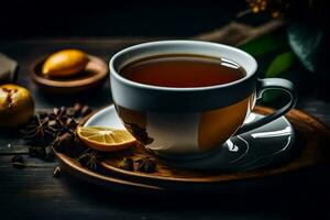 a cup of tea with lemon and spices on a wooden table. AI-Generated photo