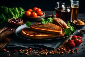 toast with cheese, tomatoes and bread on a black background. AI-Generated photo