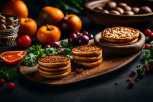 panqueques en un de madera bandeja con vegetales y especias generado por ai foto