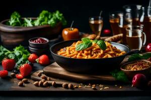 pasta con tomate salsa y albahaca hojas en un bol. generado por ai foto