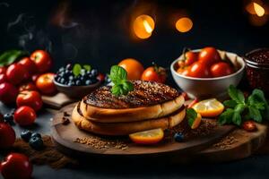 grilled cheese sandwich on a wooden board with tomatoes, peppers and other ingredients. AI-Generated photo