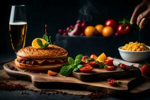 a hamburger with cheese, tomatoes and other ingredients on a wooden cutting board. AI-Generated photo