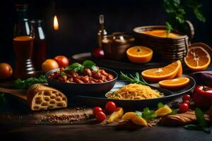 the food is served on a wooden table with a wooden background. AI-Generated photo