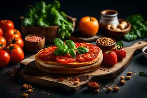 a pizza with tomatoes and basil on a cutting board. AI-Generated photo