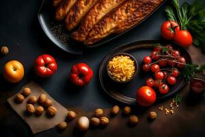 a pan of food with cheese, tomatoes and nuts. AI-Generated photo