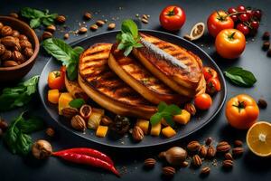 grilled pork chops with vegetables and nuts on a black background. AI-Generated photo