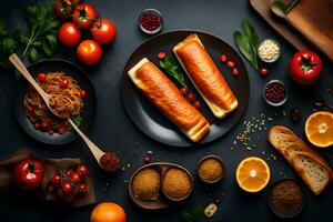 a variety of food on a black table. AI-Generated photo