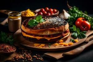 a hamburger with cheese and vegetables on a wooden cutting board. AI-Generated photo