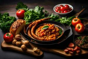 the food is served on a wooden table with bread, tomatoes, and vegetables. AI-Generated photo
