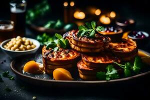 a plate of food with potatoes, chickpeas and herbs. AI-Generated photo