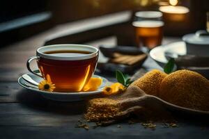 the tea cup and saucer are on a wooden table. AI-Generated photo