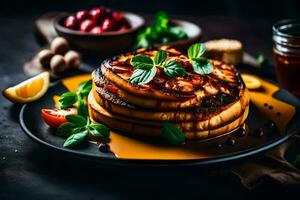 pancakes with honey and syrup on a black plate. AI-Generated photo