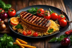 grilled pork with vegetables and tomatoes on a plate. AI-Generated photo