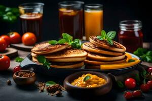 pancakes with syrup and fresh fruit on a black background. AI-Generated photo