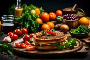 a sandwich with vegetables and other foods on a wooden board. AI-Generated photo