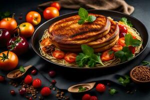 pancakes with tomatoes and herbs on a black background. AI-Generated photo
