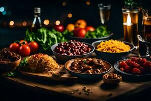 a table with various dishes of food. AI-Generated photo
