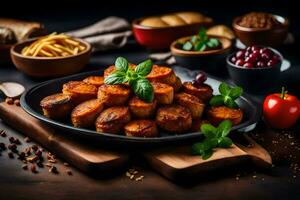 fried potatoes with herbs and spices on a black plate. AI-Generated photo