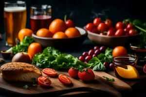 a wooden cutting board with various fruits and vegetables. AI-Generated photo