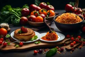 spaghetti and pancakes on a table with vegetables. AI-Generated photo